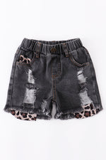 Black Leopard Denim Shorts