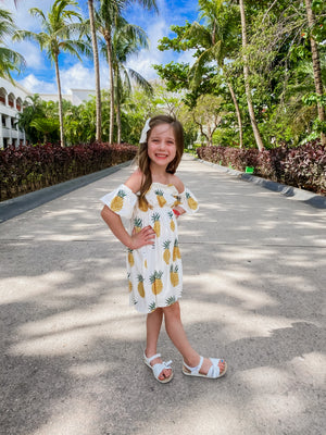 pineapple off the shoulder dress SHEIN Off Shoulder Shirred Back Lantern Sleeve Pineapple Print Schiffy Dress